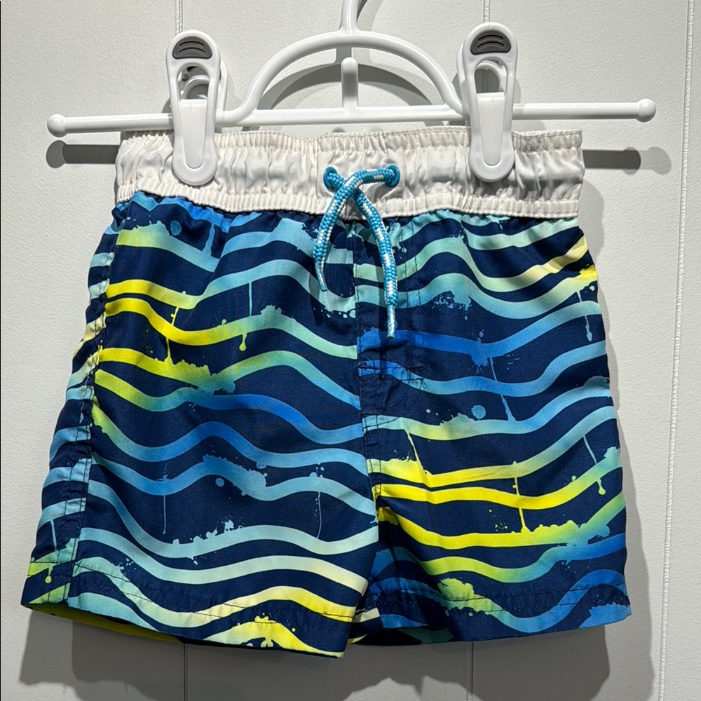 George Blue and Yellow Wave Pattern Swim Shorts